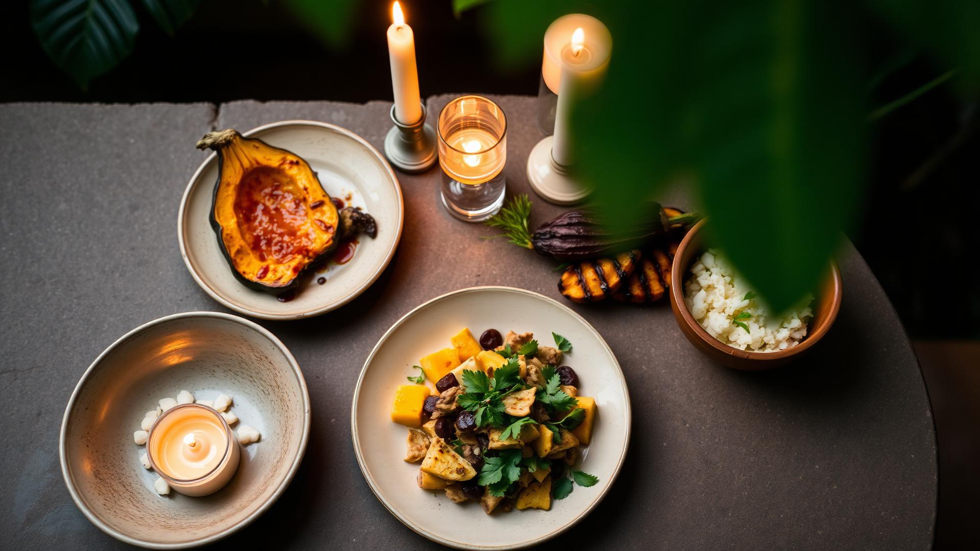 A long candlelit table with roasted squash, grilled plantains, papaya salad, and a bowl of coconut rice