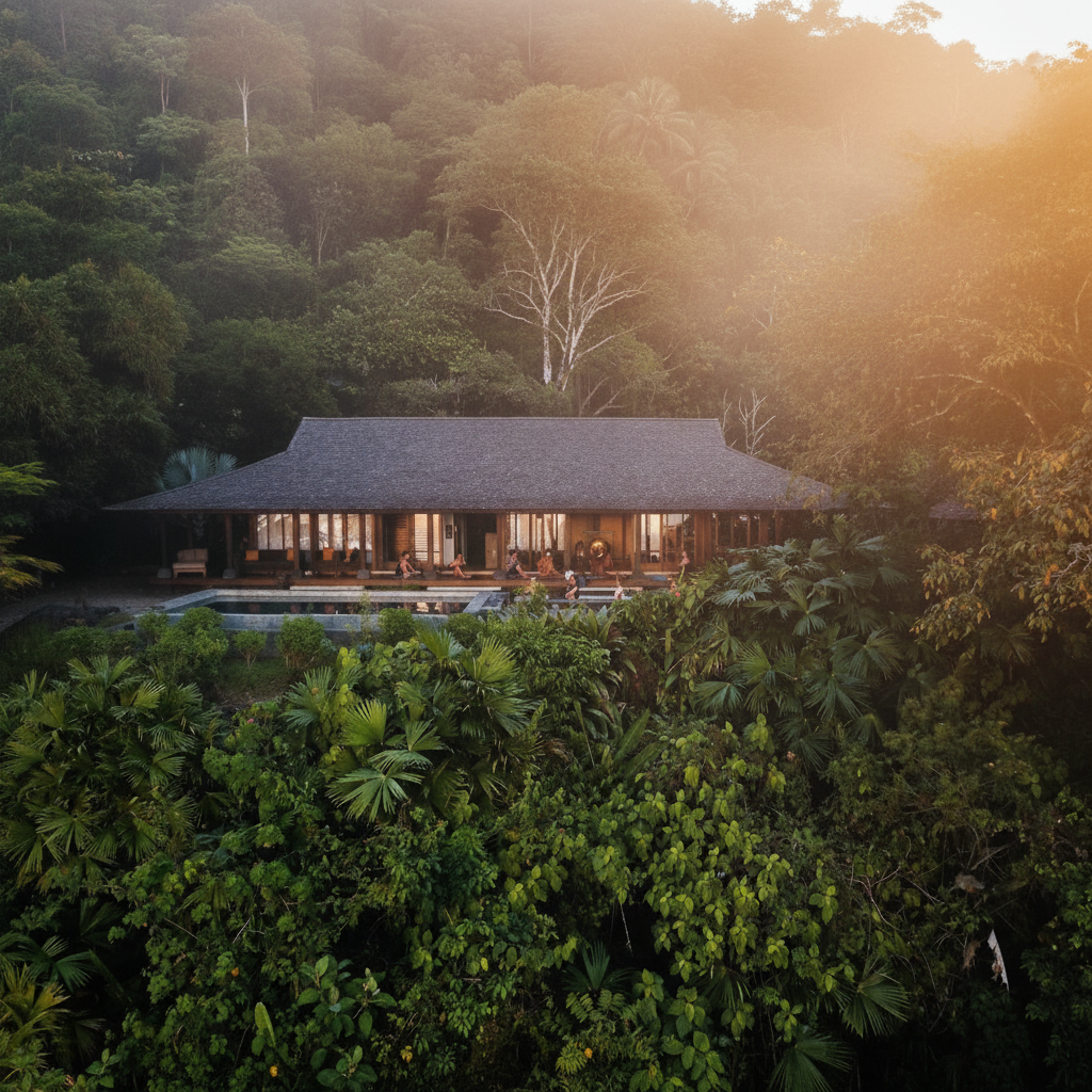 Aerial of the Imiloa Institute campus at sunrise, mist lifting from the Costa Rican rainforest with the Pacific Ocean beyond