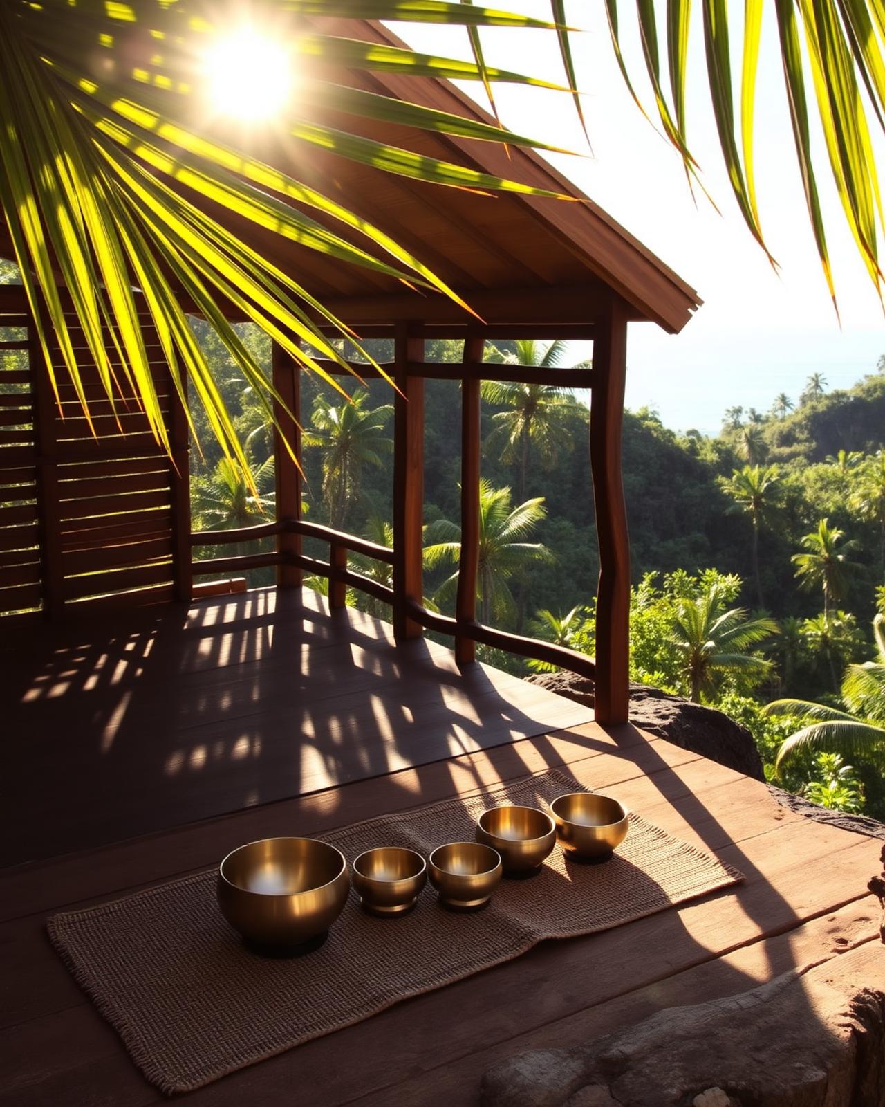 An open-air wooden pavilion with brass singing bowls arranged on a woven mat, jungle and ocean beyond